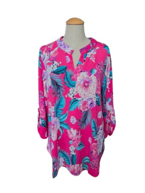 Dear Scarlett Tops - Floral Print Lightweight 3/4 Length Sleeve Blouse Pink With Teal